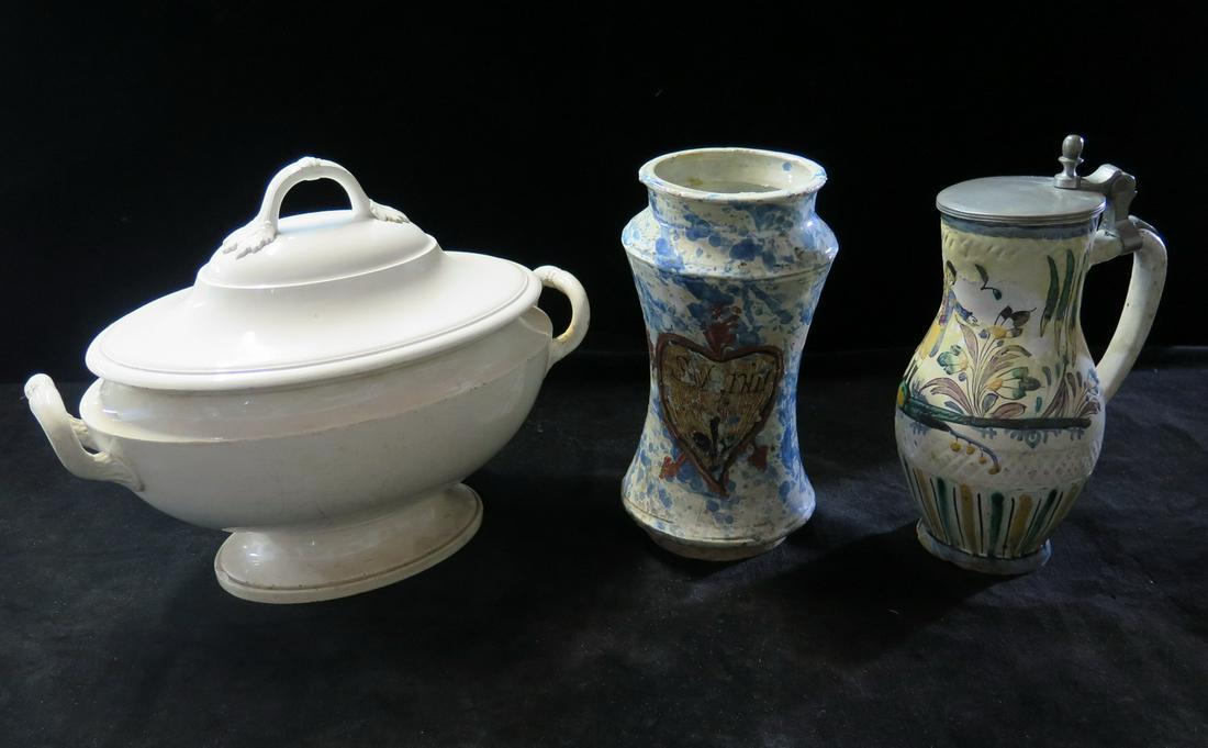 GROUP/3 ANTIQUE EUROPEAN VESSELS, PITCHER/VASE/TUREEN 13" L LONGEST (1 of 9)