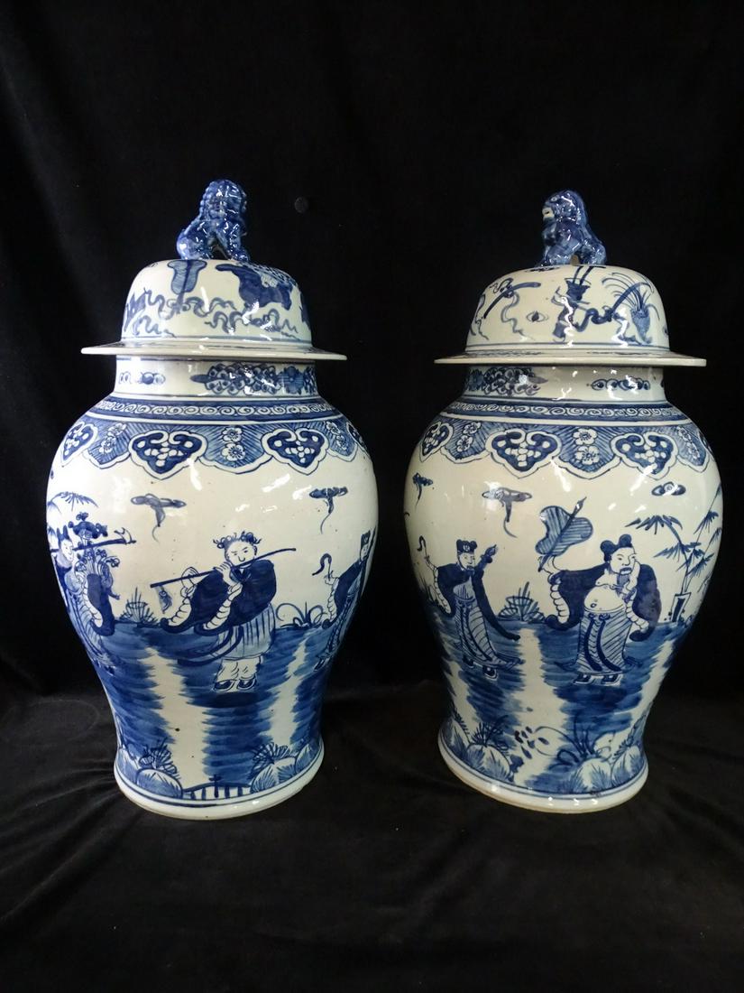 PAIR BLUE AND WHITE ASIAN TEMPLE JARS 25''H.12''DIA.. (1 of 11)