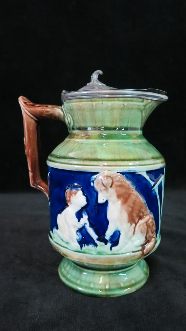 ENGLISH MAJOLICA PITCHER W/ PEWTER LID 7" H (1 of 5)