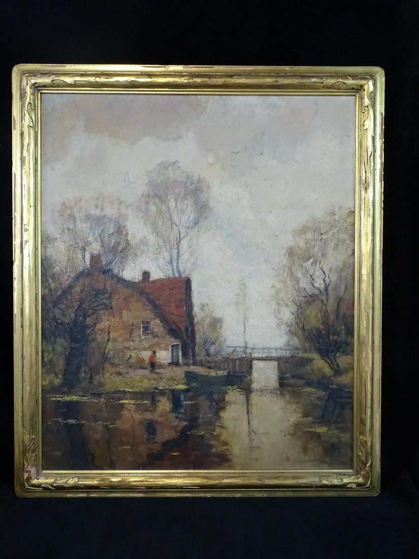 ANONYMOUS LANDSCAPE W/ WATER MILL HOUSE (?) OIL/CANVAS, NO DATE, 29.5" X 24.5" IMAGE (1 of 5)