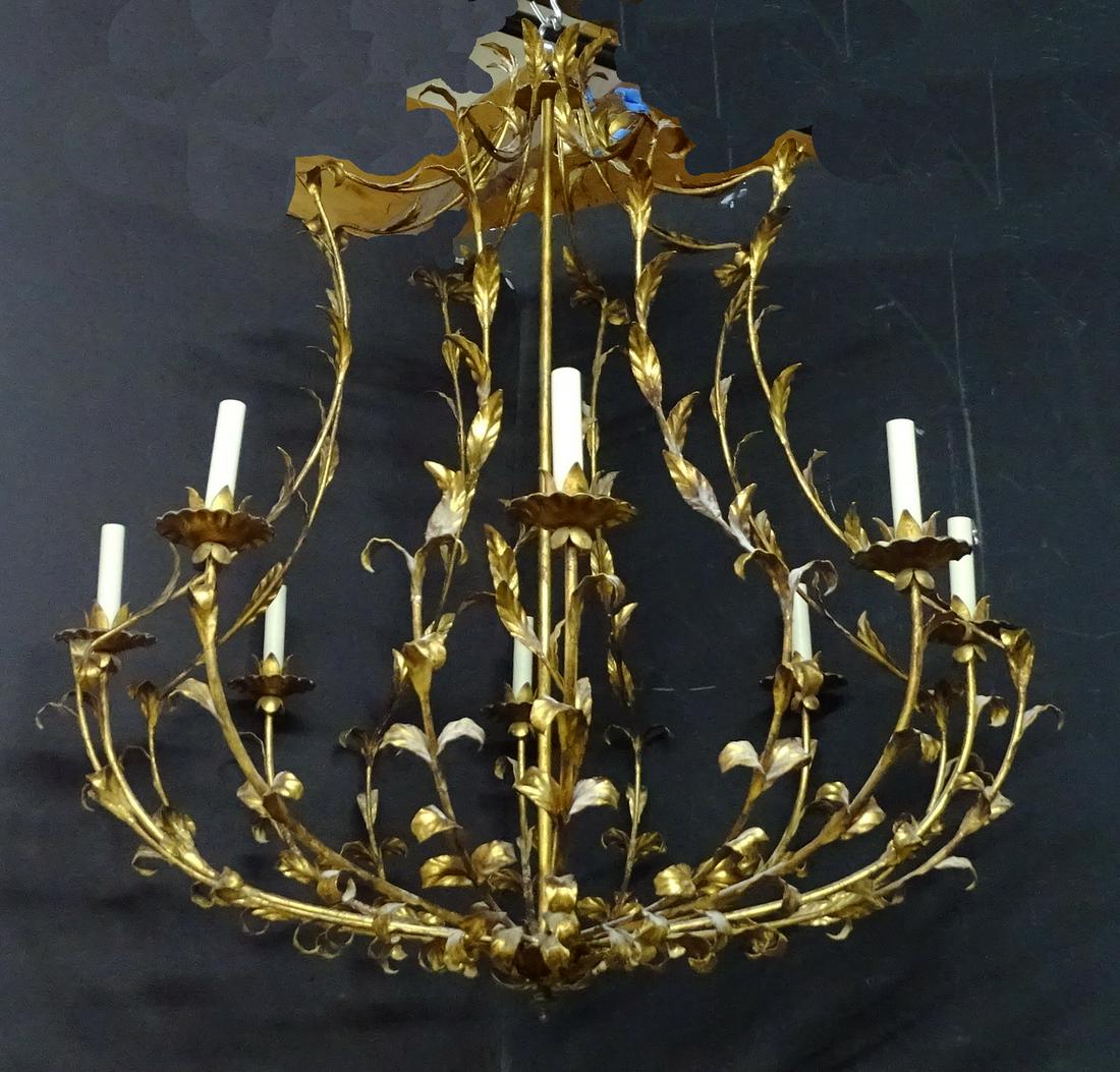 LARGE 8 LITE GILT IRON CHANDELIER: LARGE 8 LITE GILT IRON CHANDELIER