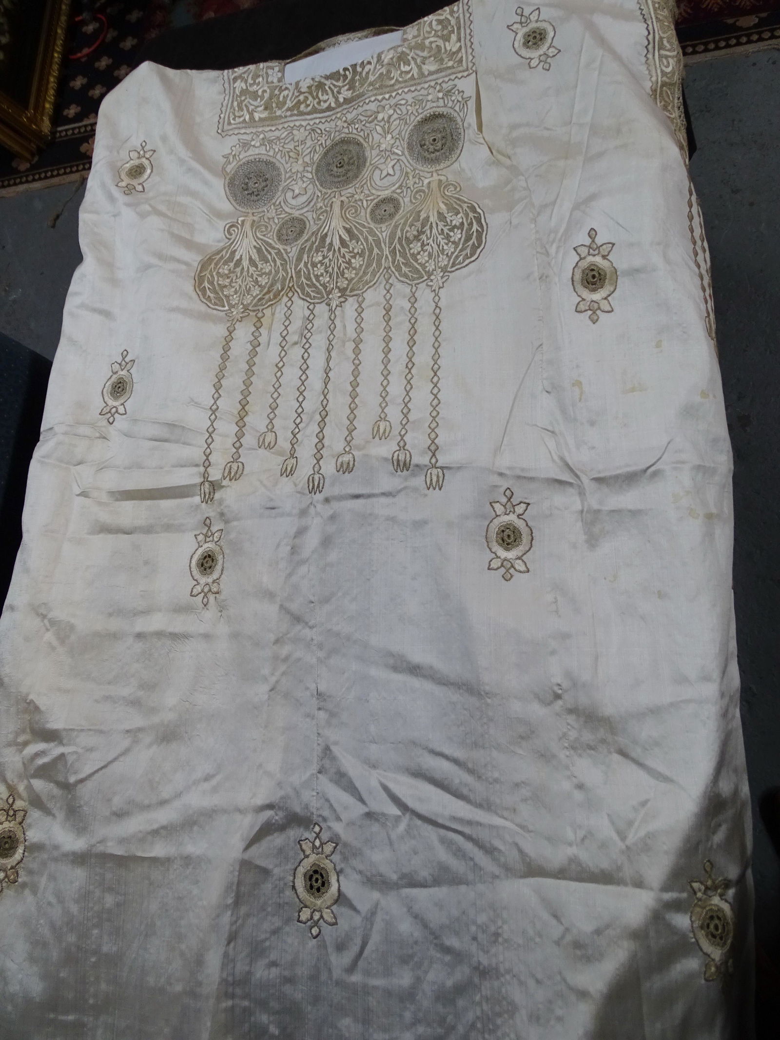MIDDLE EASTERN SILK WEDDING ROBE WITH METAL THREAD & EMBROIDERY 55" L -SMALL TEARS (1 of 8)