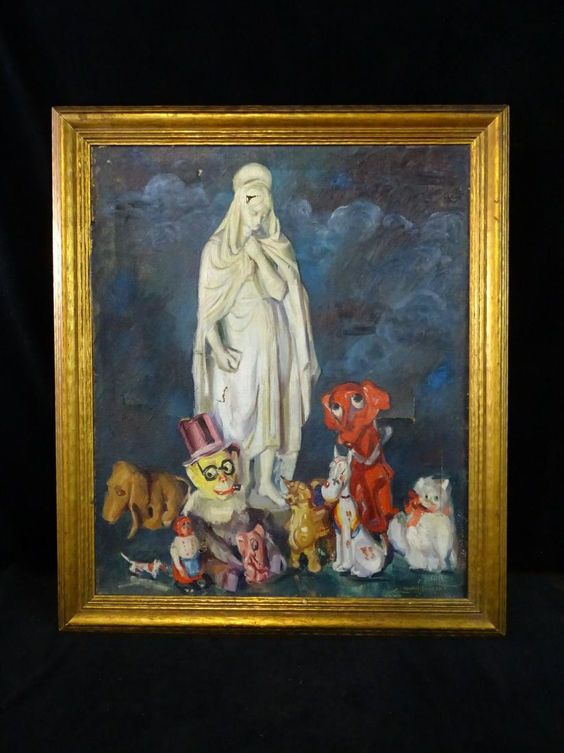 LOUISE SCHACHT SIGNED  UNTITLED STILL LIFE OF TOYS, BEFORE 1970 29.5" X 24.5" IMAGE -TEARS (1 of 8)