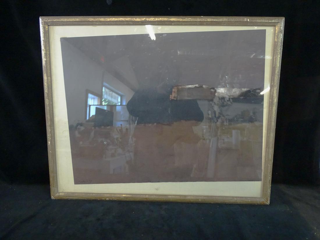 TASTCO (?) SIGNED MINIMALIST LANDSCAPE, LATE 20TH CENTURY, GOUACHE/ACRYLIC? ON PAPER, 7" X 25" IMAGE (1 of 5)