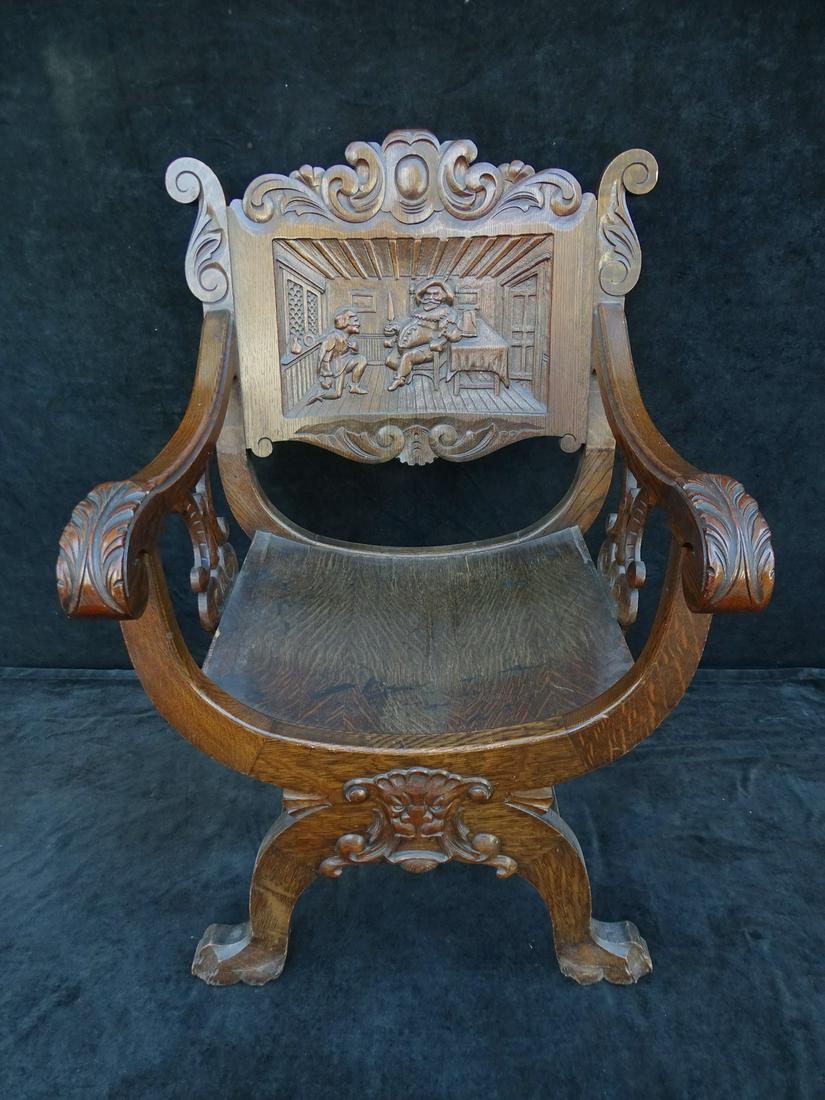 SAVANAROLA CHAIR FIGURAL CARVED OAK: SAVANAROLA CHAIR FIGURAL CARVED OAK
