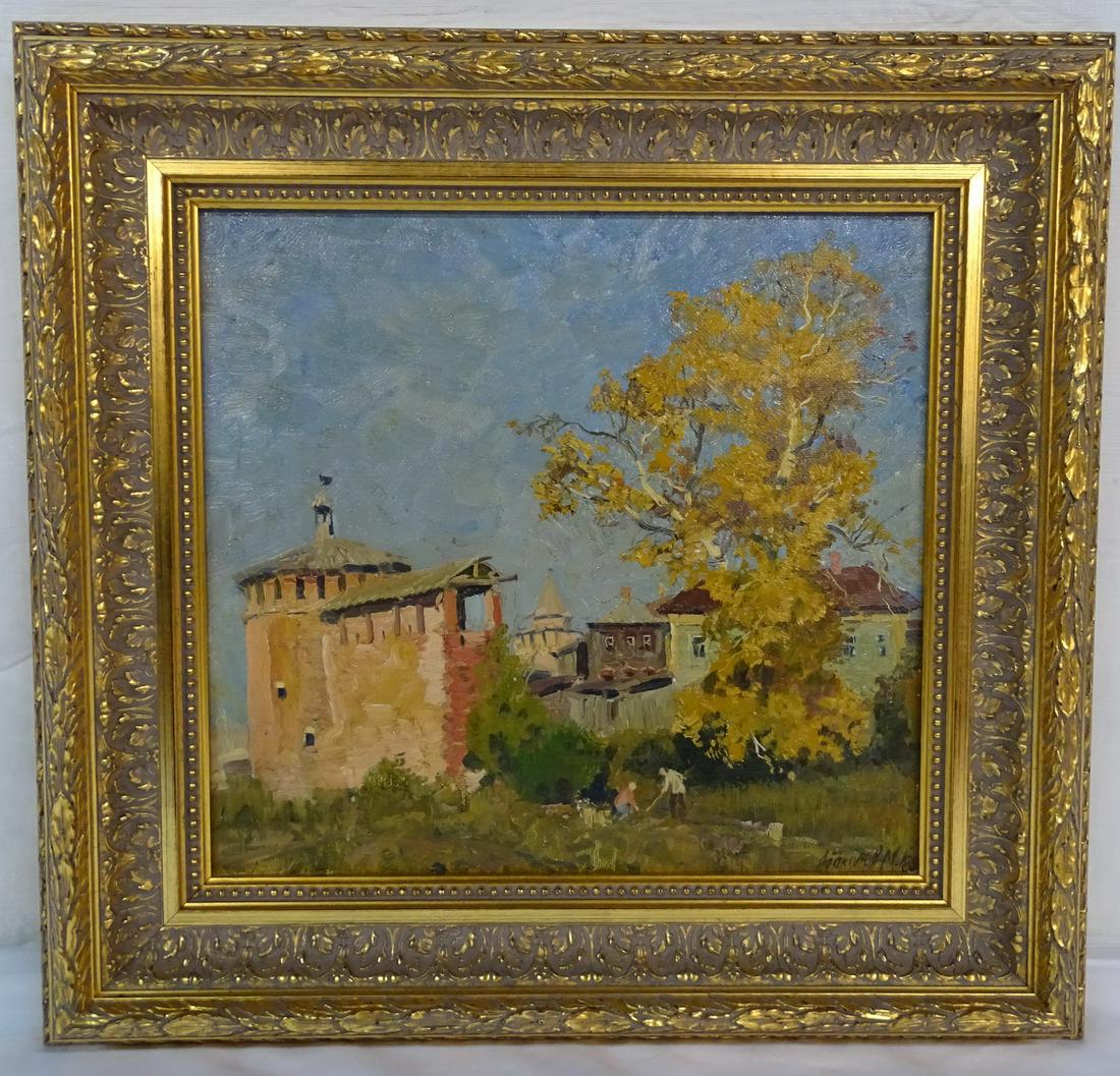 SIGNED LANDSCAPE WITH FIGURE GARDENING / GARDEN OIL/CANVAS 14"X 18.5" FRAME (SIGNATURE ILLEGIBLE) (1 of 8)