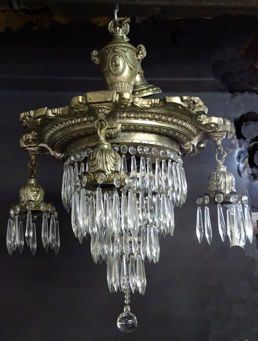 BRONZE & CRYSTAL CHANDELIER 1920S?: BRONZE & CRYSTAL CHANDELIER 1920S?
