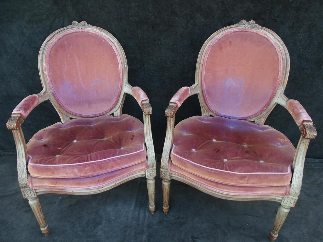 PAIR OF LOUIS XVI STYLE VELVET UPHOLSTERED FAUTEUILS 37" X 23" X 20": PAIR OF LOUIS XVI STYLE VELVET UPHOLSTERED FAUTEUILS 37" X 23" X 20"