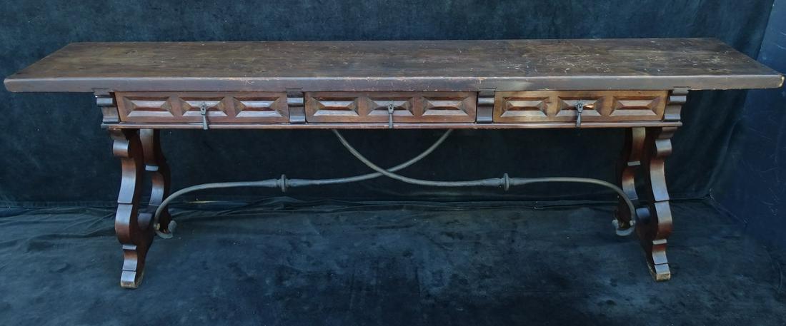 SPANISH WALNUT CONSOLE W/IRON STRETCHER BASE 29" X 84" X 15" (1 of 10)