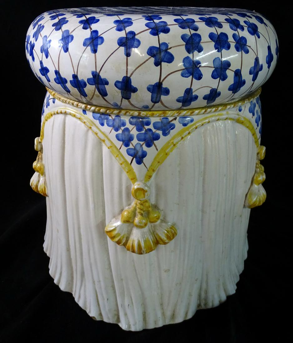 PORCELAIN GARDEN SEAT W/TASSLE MOTIF 14 1/2" HIGH: PORCELAIN GARDEN SEAT W/TASSLE MOTIF 14 1/2" HIGH