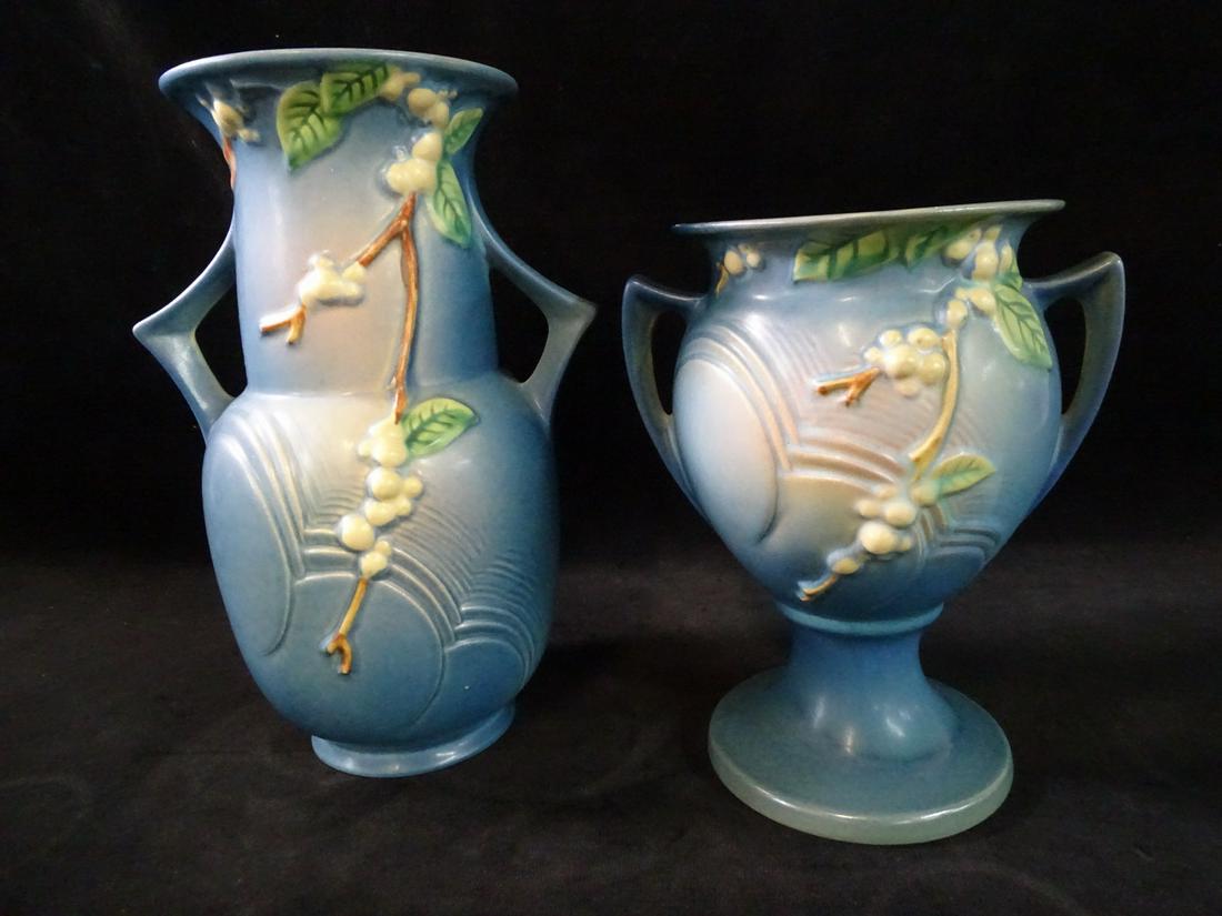 ROSEVILLE SNOWBERRY BLUE 2 HANDLED VASES, 10.5"H x 8.25"H (1 of 4)