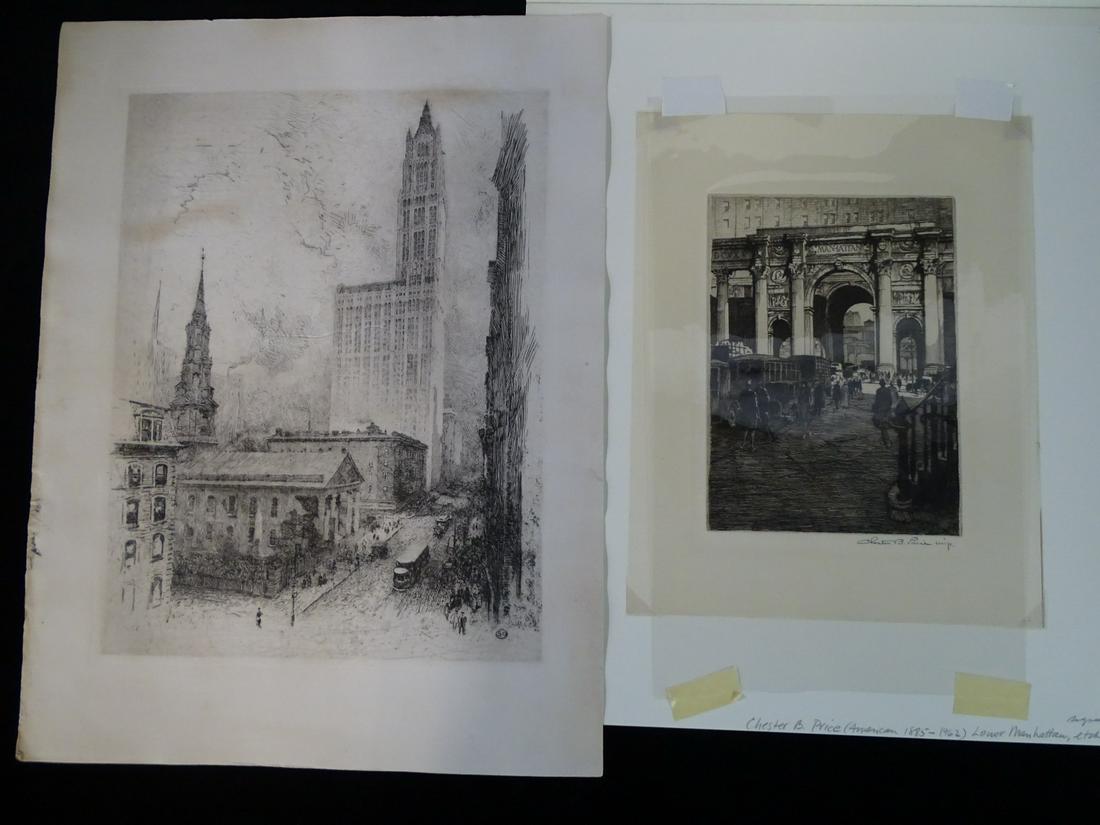 2 NYC ETCHINGS WOOLWORTH BUILDING BY SG? & LOWER MANHATTAN BY CHESTER PRICE 16.75X12.75" SHEET (1 of 9)