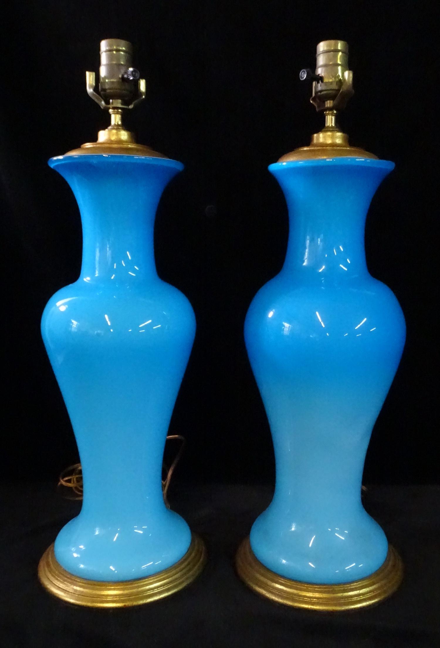 PAIR OF BLUE OPALINE LAMPS 17''H (1 of 8)