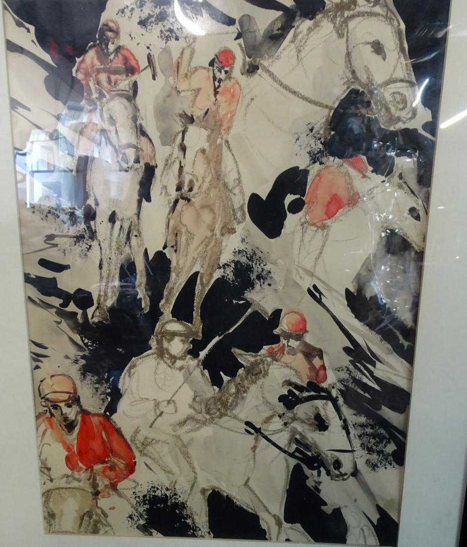 CARL M. COCHRAN SIGNED POLO PLAYERS & FOREST PAIR IN WATERCOLOR & INK 16" X 11.5" IMAGE (1 of 15)