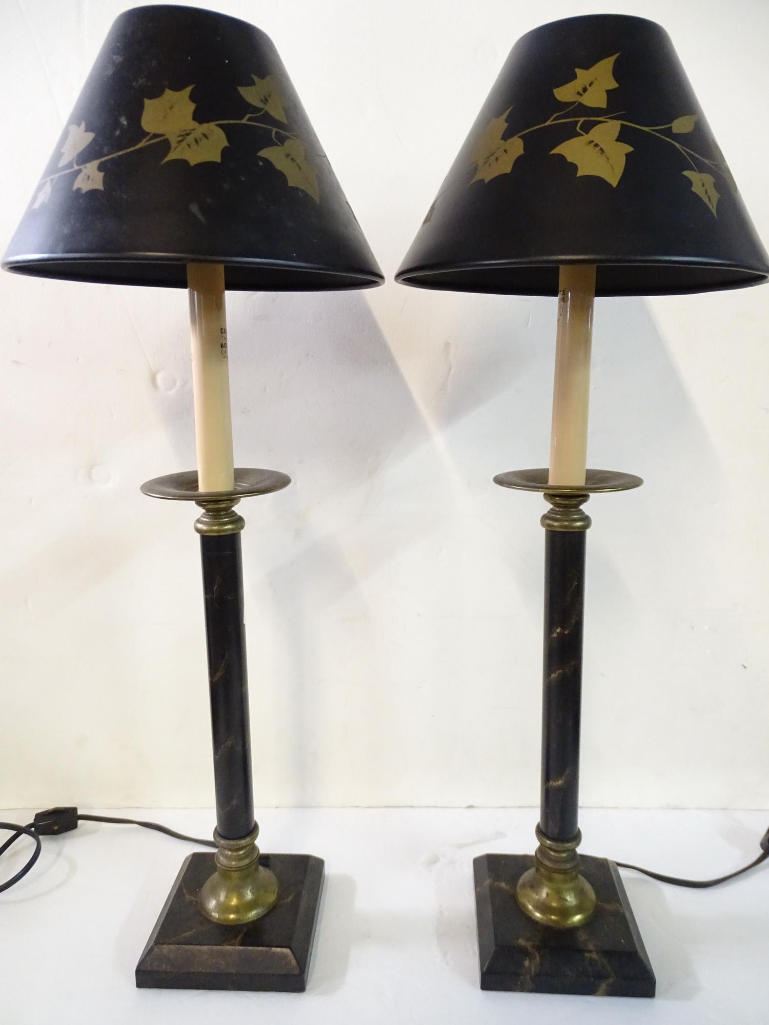 PAIR FAUX MARBLE CANDLESTICK LAMPS W/TOLE SHADES 22 1/2" HIGH (1 of 7)