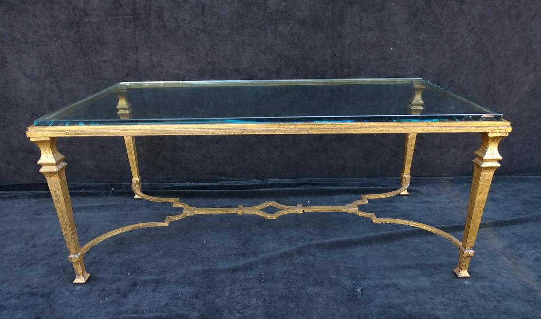 GILT DECORATED IRON GLASS TOPPED COCKTAIL TABLE 16 3/4" X 41" X 21" (1 of 7)