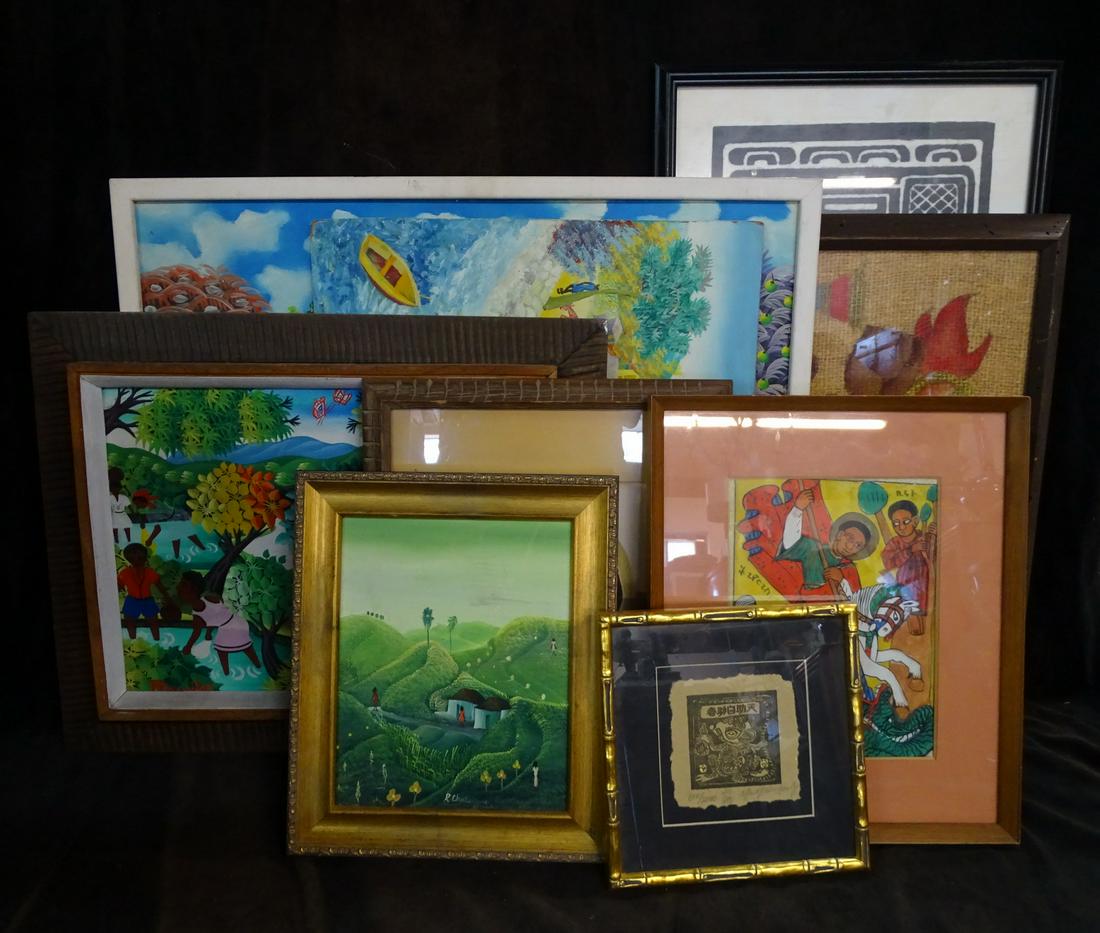 BOX LOT ISLAND & LATIN AMERICAN MIXED-MEDIA ARTWORKS 21" X 25" FRAME LARGEST (1 of 16)