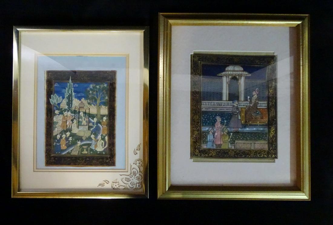 LOT/2 INDIAN MINIATURES PAINTINGS ON SILK 9.5" X 9.5" IMAGE (1 of 14)