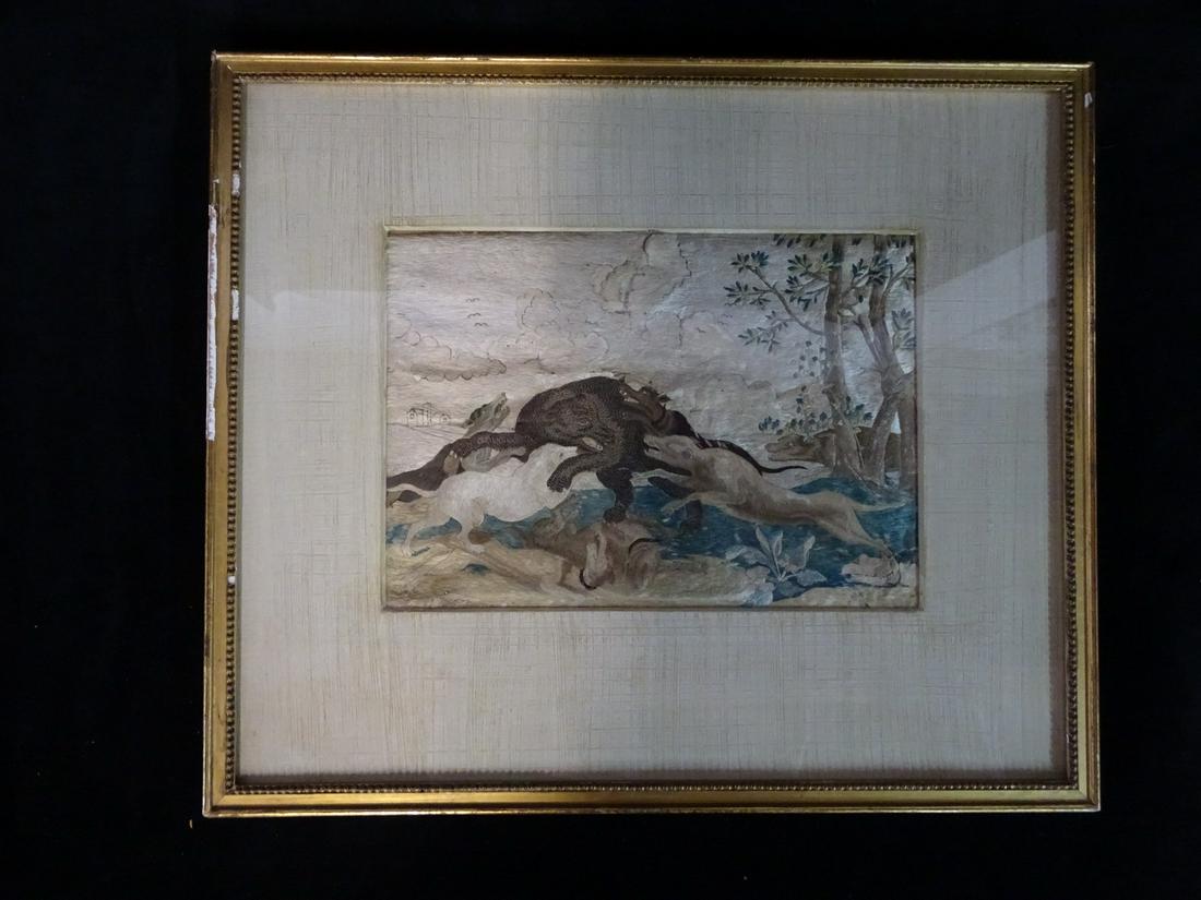 ANTIQUE EMBROIDERY/EMBROIDERED BEAR HUNT SCENE 8" X 11" IMAGE (1 of 9)