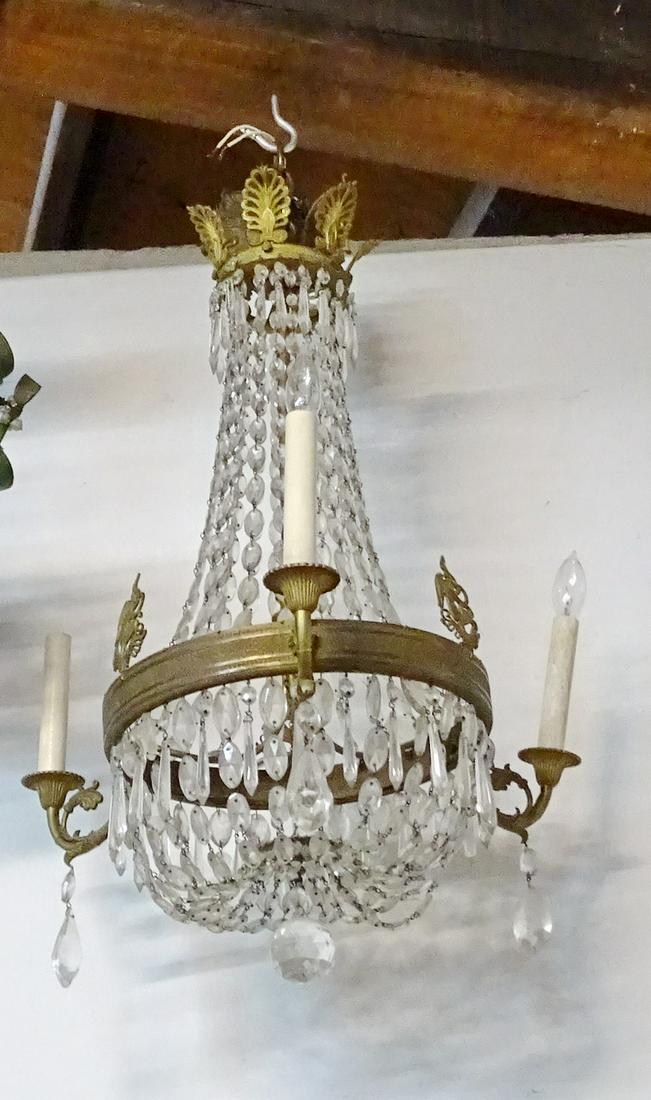 EMPIRE STYLE BRONZE AND CRYSTAL 3 LITE CHANDELIER 29" X 18" DIA.: EMPIRE STYLE BRONZE AND CRYSTAL 3 LITE CHANDELIER 29" X 18" DIA.