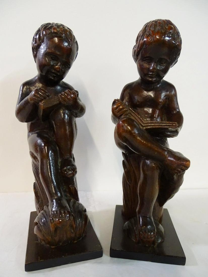 PAIR OF ANTIQUE CARVED WOOD SEATED PUTTI FIGURES 10" HIGH (1 of 7)