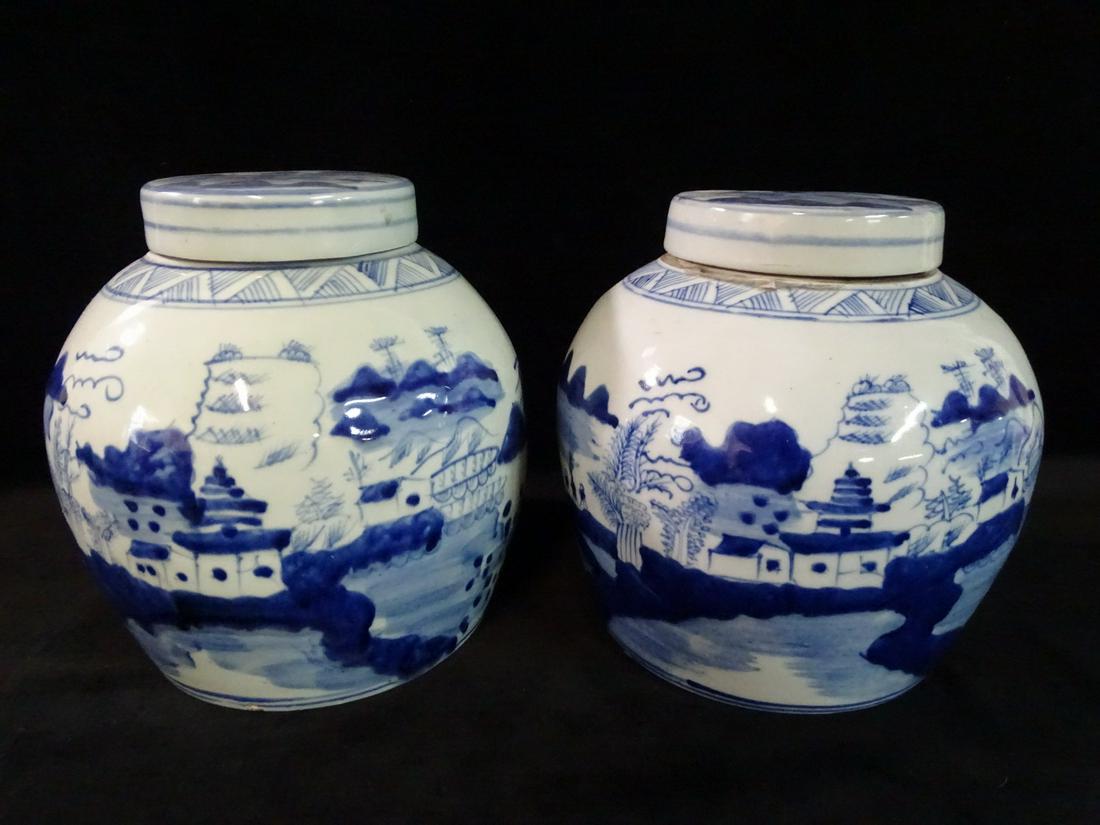 PAIR OF COVERED GINGER JARS, ORIENTAL BLUE & WHITE SCENIC DECORATION 8 3/4" TALL (1 of 6)