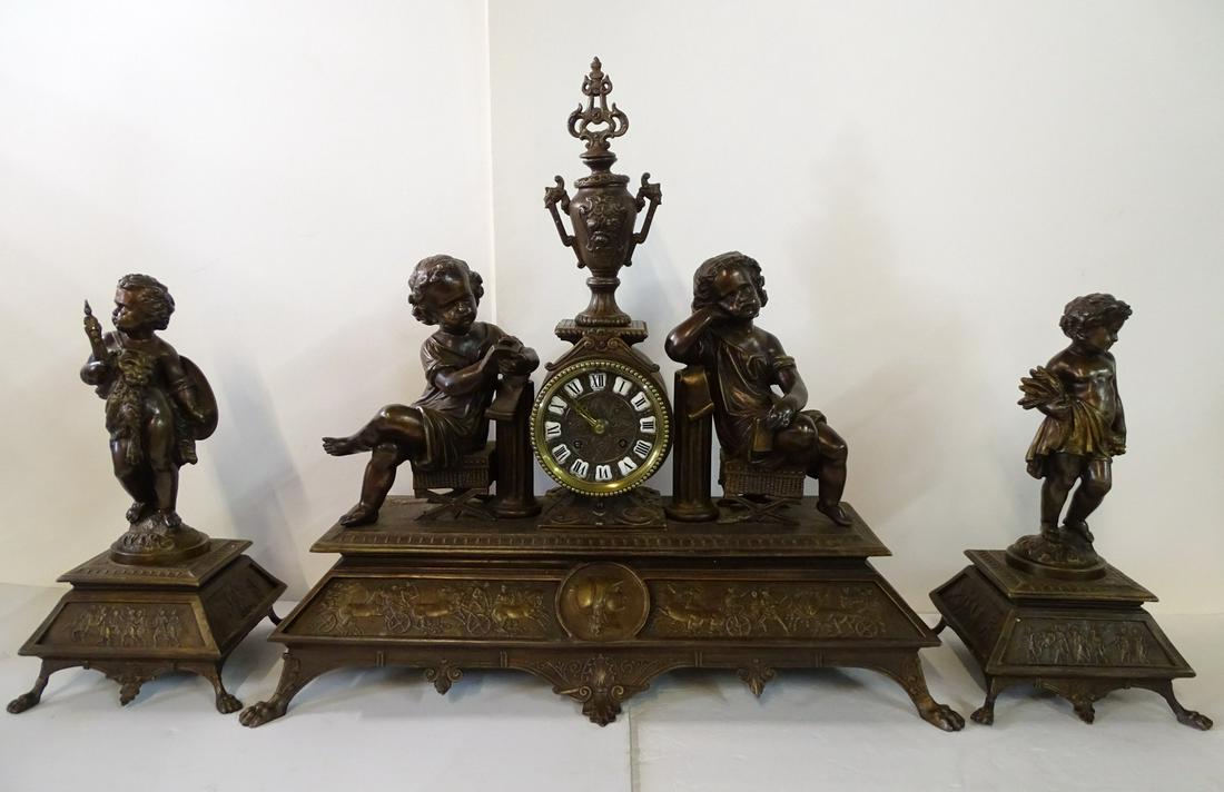 3 PIECE CLOCK SET, LARGE FIGURAL SPELTER W BRONZE PATINA 21" HIGH, 21 1/2" X 8" DEEP (1 of 20)