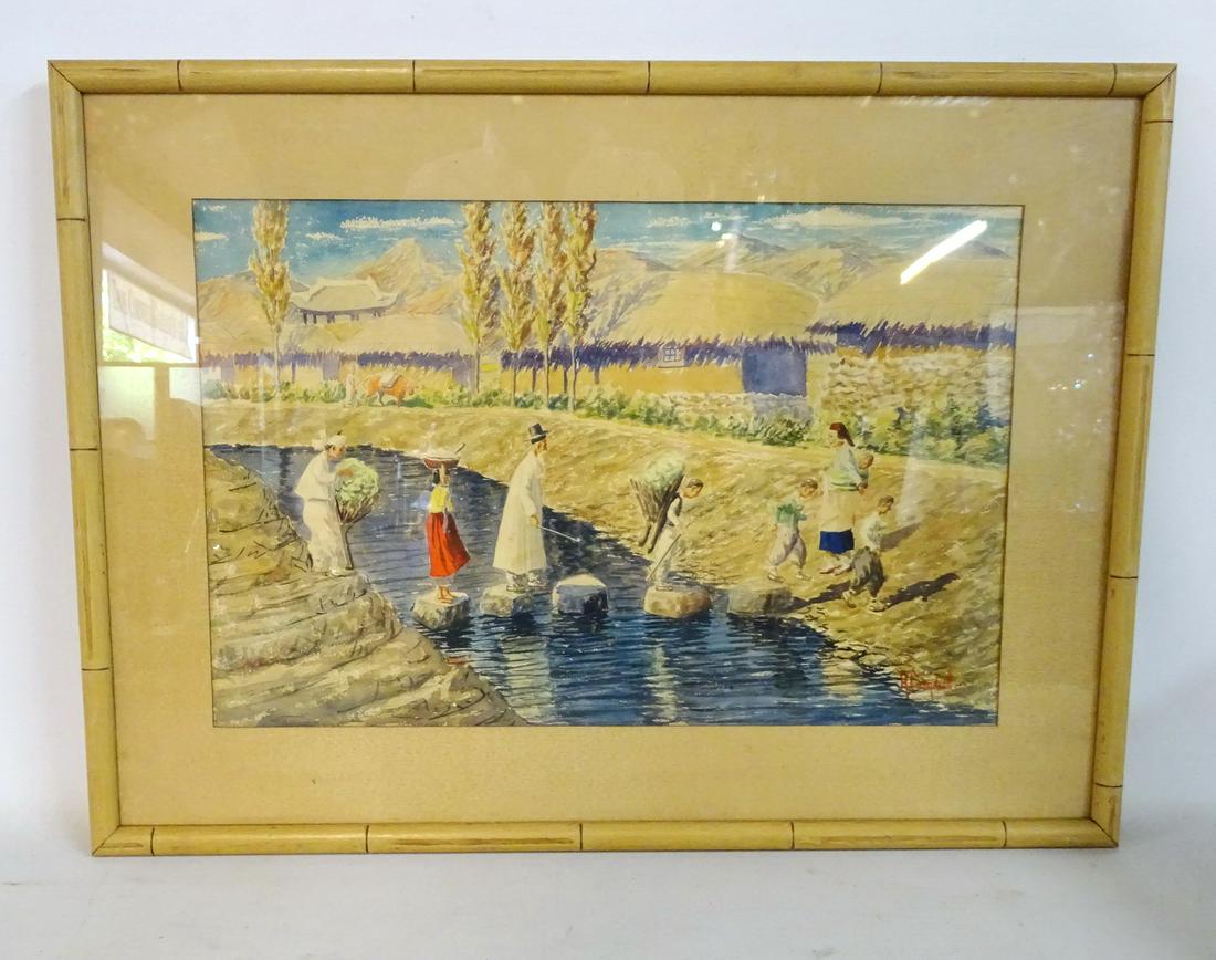 H. CAMPBELL SGN. WATERCOLOR FIGURES CROSSING A STREAM 12.5"x19.5" (1 of 4)
