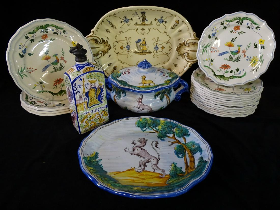 PORCELAIN AND GLAZED TERACOTTA INCL. GIEN "OISEAUX DE PARADIS" PLATES AT 8X12" LARGEST PLATTER (21 P: PORCELAIN AND GLAZED TERACOTTA INCL. GIEN "OISEAUX DE PARADIS" PLATES AT 8X12" LARGEST PLATTER (21 PIECES TOTAL)