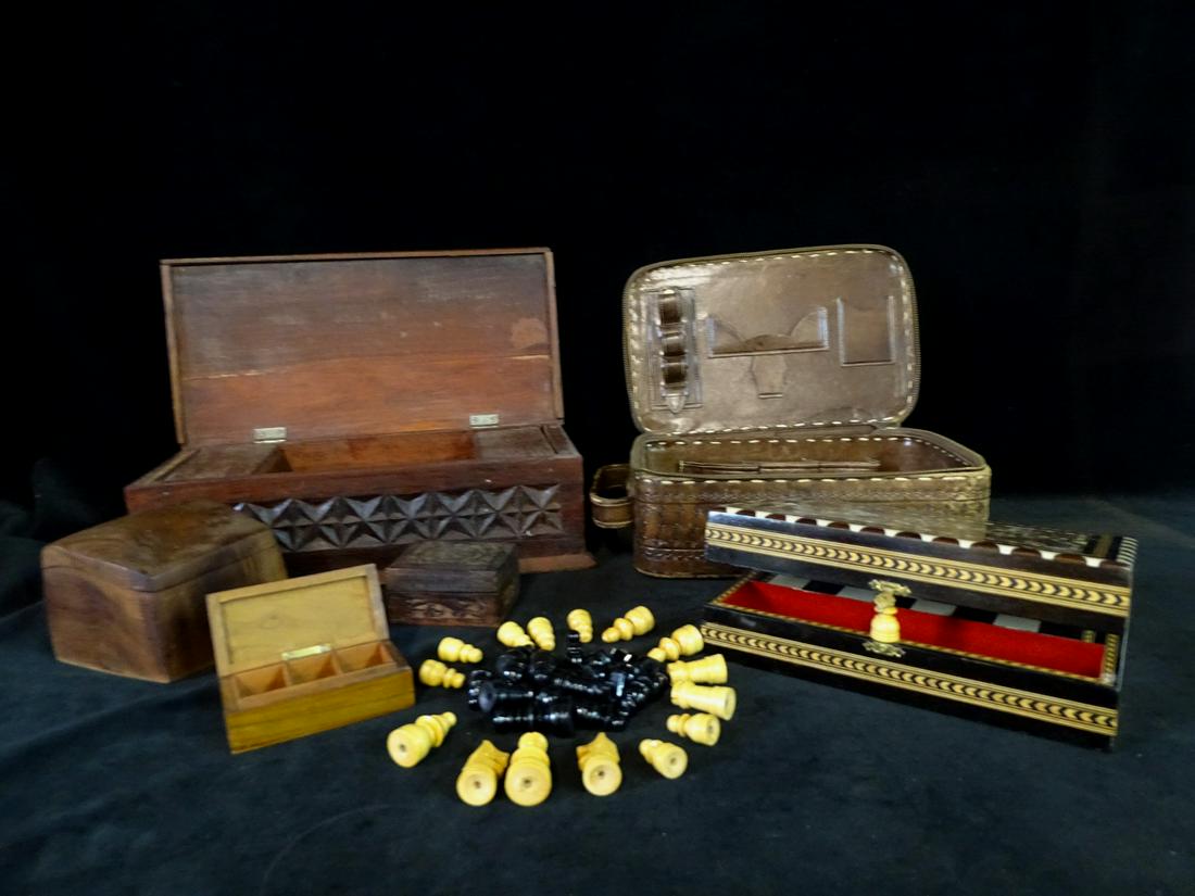 LOT VINTAGE/ANTIQUE WOOD BOXES & TOOLED LEATHER CASE & INLAID CHESS SET 13.5" LONGEST (1 of 12)