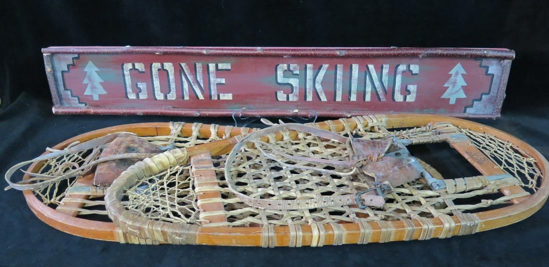 PAIR ANTIQUE SNOW SHOES 28 1/2" X 13" WIDE AND GONE SKIING SIGN (1 of 11)