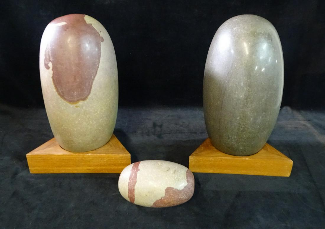 SET OF 3 SHIVA LINGAM HEALING STONES, 2 W/STANDS, LARGEST 13" X 7" SMALLEST 6" X 3 3/4" (1 of 7)
