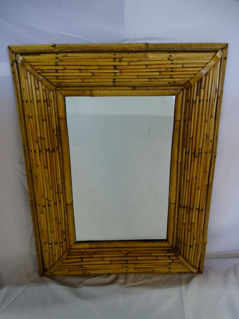 BAMBOO AND SPLIT REED FRAMED MIRROR W/BRASS DETAIL 36 1/2" X 28 3/4" (1 of 7)