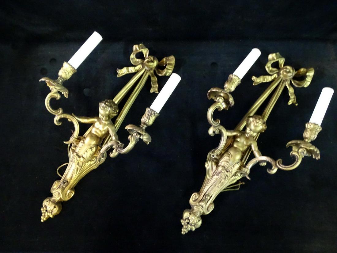 LOUIS XV 2-LITE GILT METAL CHERUB SCONCES 22" L (1 of 10)