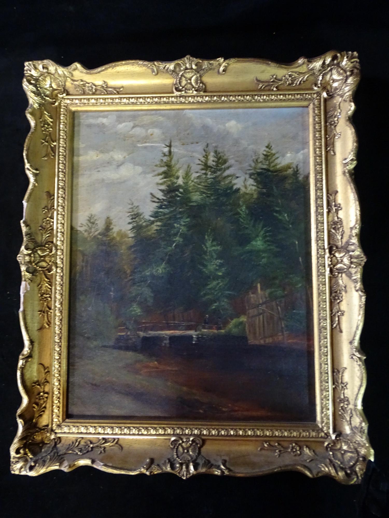 19TH C. FOREST WITH RIVER LANDSCAPE WITH BRIDGE AND FIGURES 13.5" X 10.5 (IMAGE): 19TH C. FOREST WITH RIVER LANDSCAPE WITH BRIDGE AND FIGURES 13.5" X 10.5 (IMAGE)