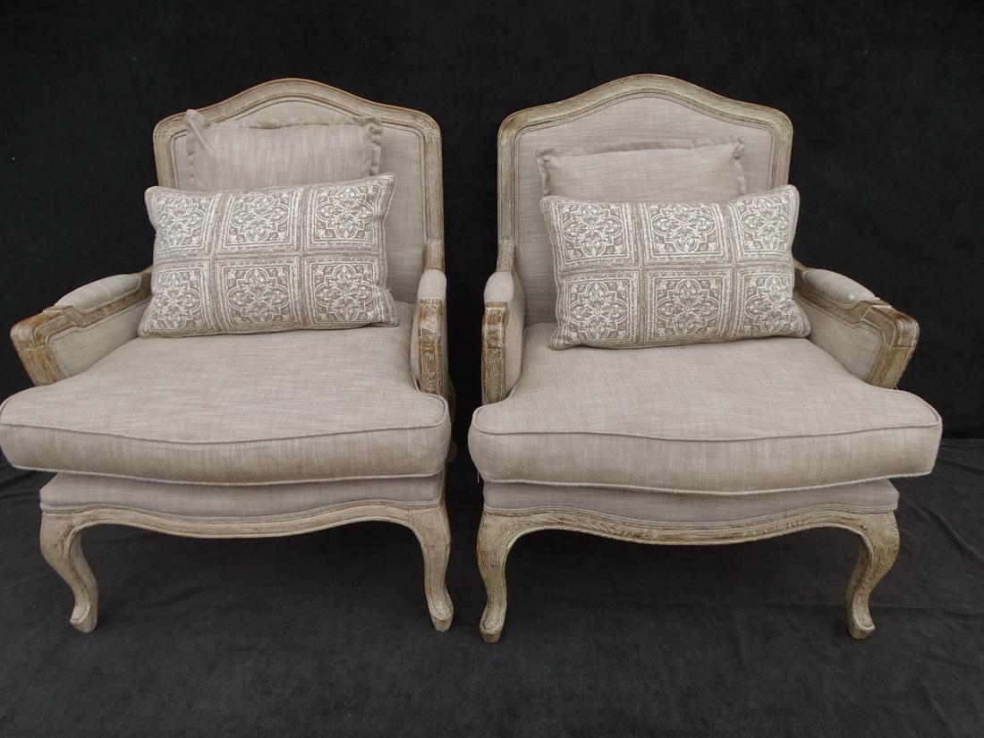 PAIR OF RESTORATION HARDWARE LOUIS XV STYLE OAK BERGERE CHAIRS 34" X 27" X 25": PAIR OF RESTORATION HARDWARE LOUIS XV STYLE OAK BERGERE CHAIRS 34" X 27" X 25"