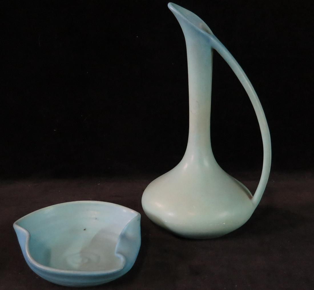 VAN BRIGGLE MATTE GLAZE PICHER 11"H AND FREE FORM BOWL (1 of 7)