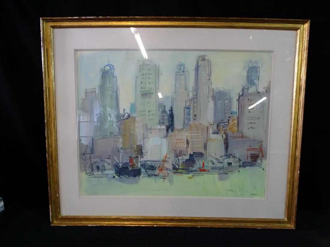 ROGER BERTIN (FRENCH 1915-2003) SIGNED NYC HARBORFRONT WATERCOLOR 18.75X24.5 (1 of 11)