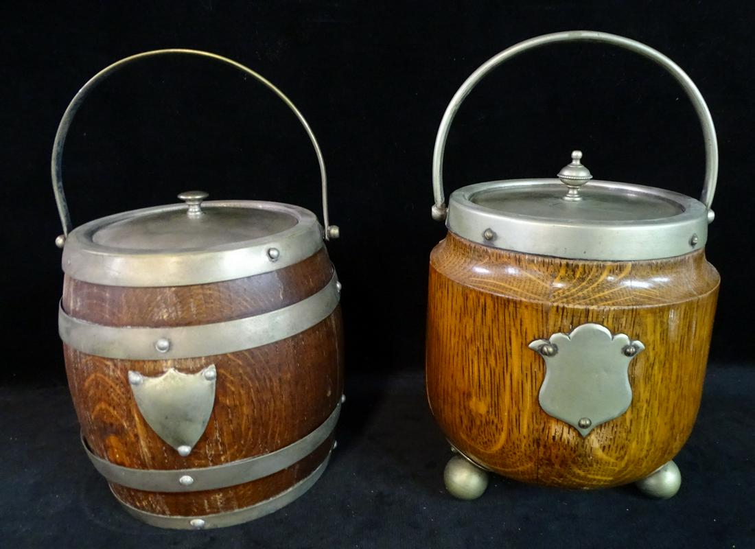 2 ANTIQUE ENGLISH BISCUIT BARRELS, CERAMIC LINED, TALLES 7" HIGH (1 of 10)