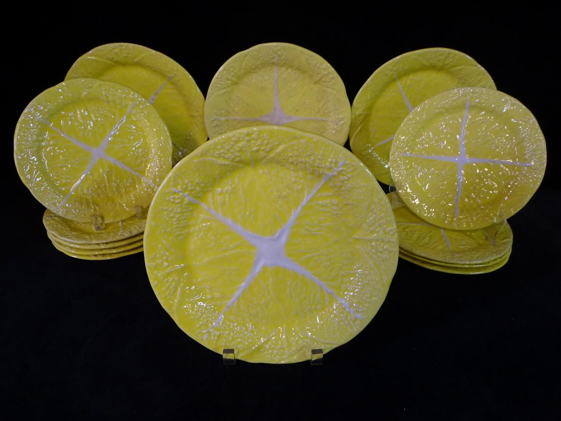 22 PIECE VINTAGE SECLA MAJOLICA YELLOW CABBAGE PLATES (12) 10 1/2" DIA. (10) 8 1/2" DIA. (1 of 5)