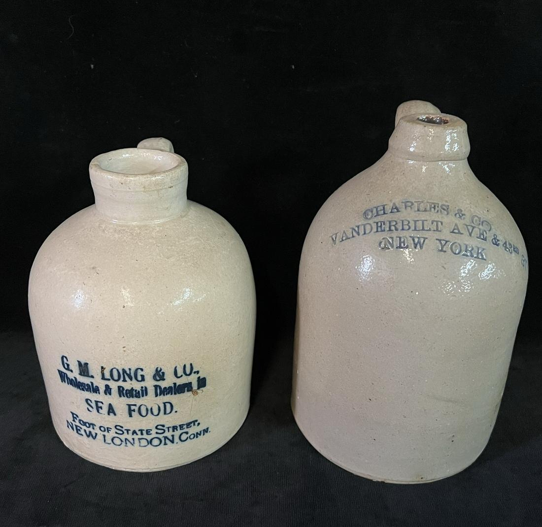 2 STONEWARE JUGS, G.M. LONG & CO AND CHARLES & CO 9" TALLEST (1 of 8)
