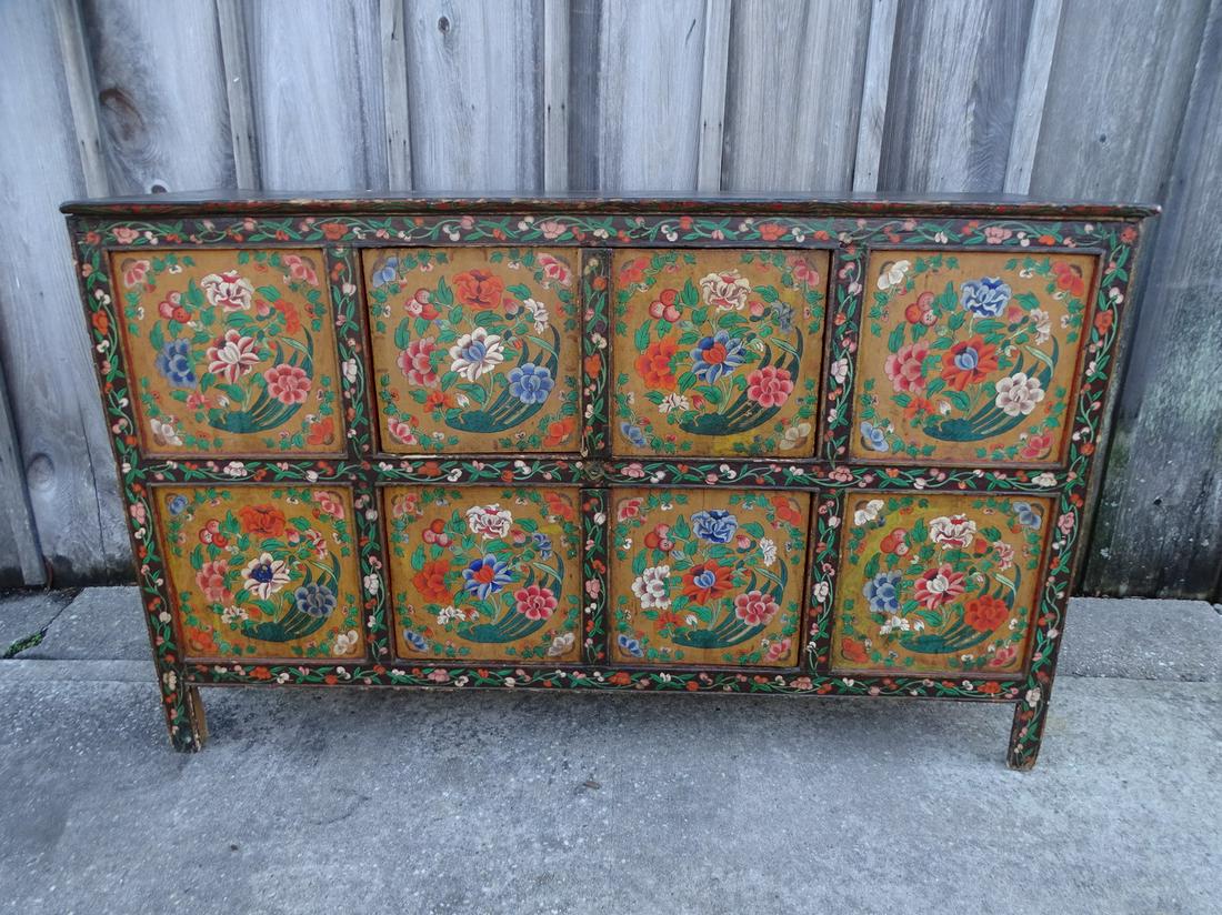 ANTIQUE PT .DECORATED TIBETIAN LOW CUPBOARD  34X56X19 (1 of 14)
