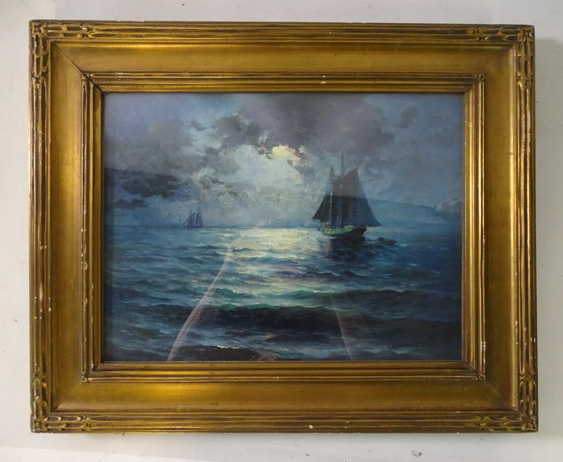 LEON LUNDMARK MARITIME MOONLIT SCENE OIL ON CANVAS W/ BOATS11.5X15. (1 of 7)