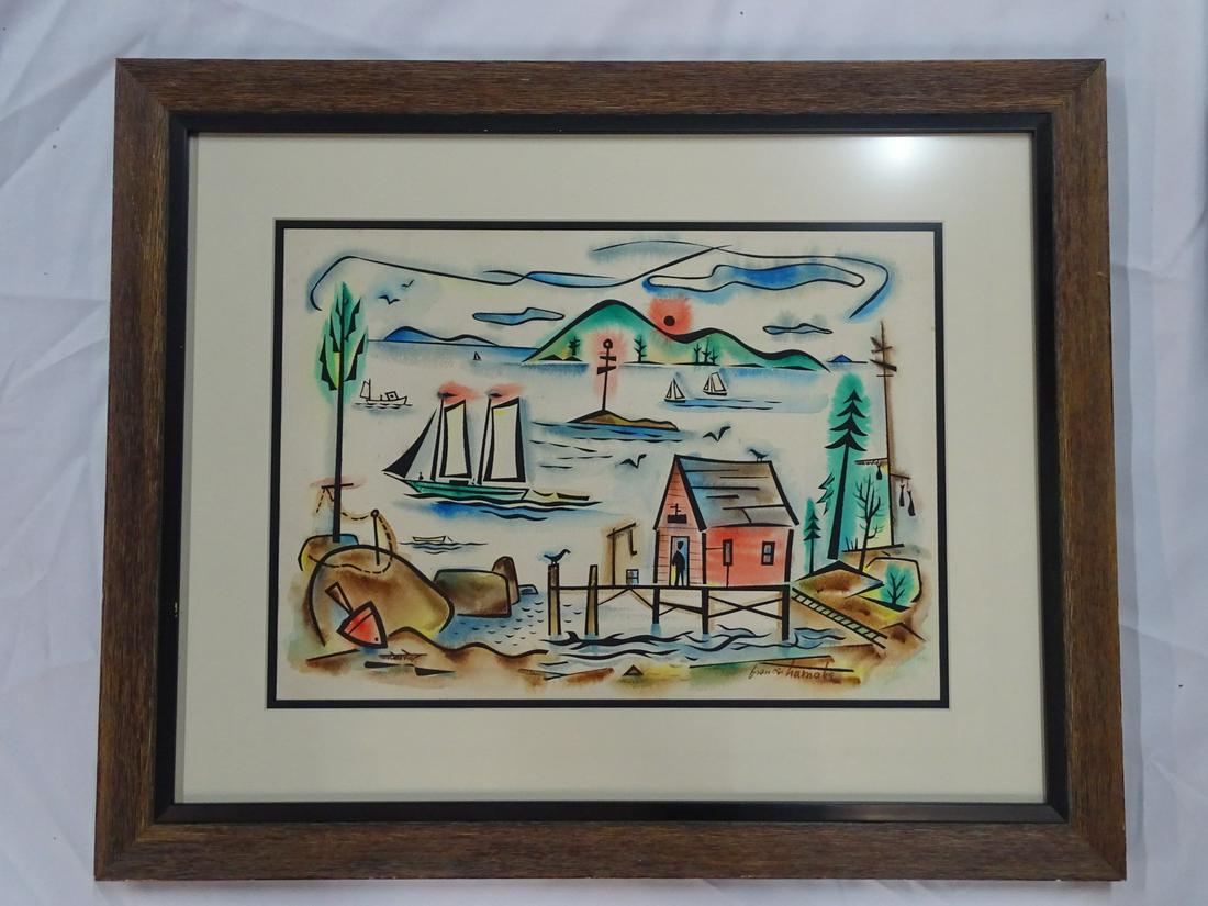 FRANCES HAMABE SIGNED MIXED MEDIA WHARF SCENE 23.5 X 29 INC. FRAME (1 of 9)