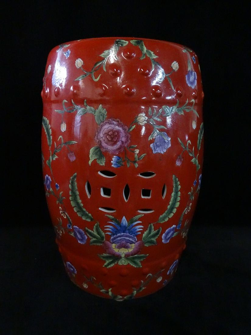 CHINESE GARDEN SEAT RED 18" X 11.5" DIA.: CHINESE GARDEN SEAT RED 18" X 11.5" DIA.
