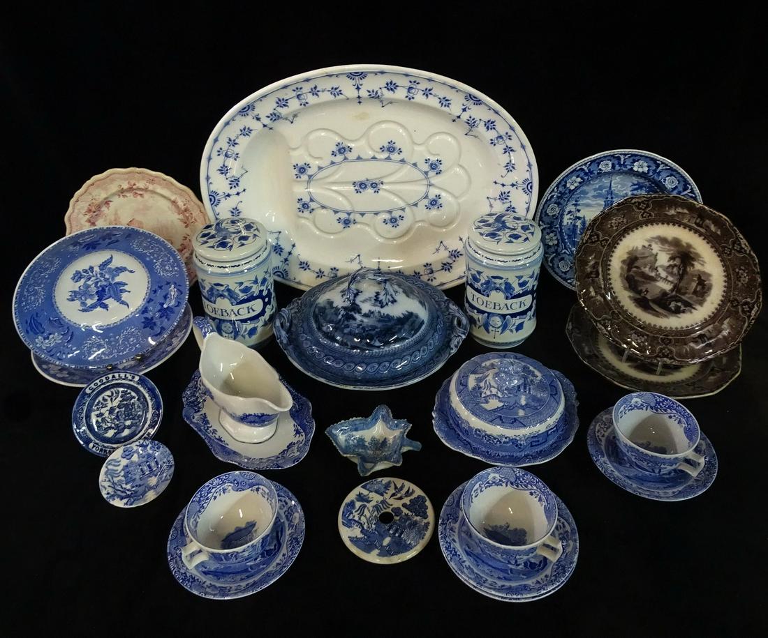 EXTENSIVE LOT OF ANTIQUE PORCELAIN INC. ENGLISH TRANSFERWARE, DELFT, FLOW BLUE, PLATTER IS 19 1/4" X (1 of 20)