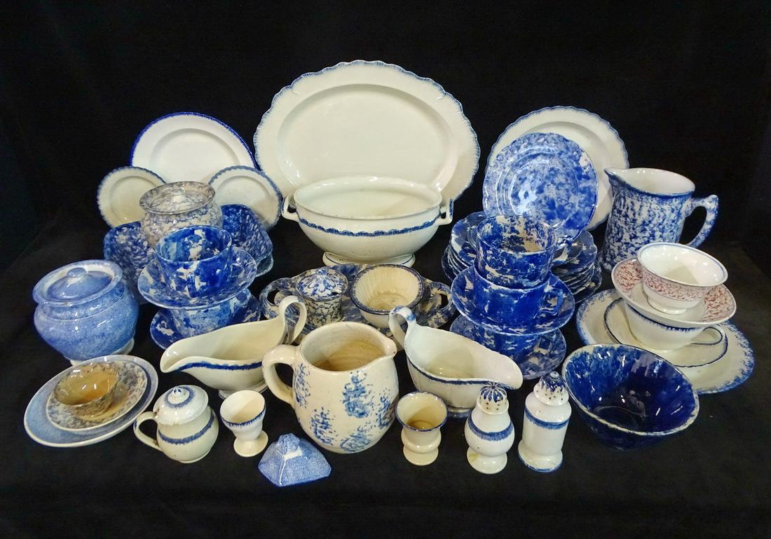 EXTENSIVE LOT OF ANTIQUE PORCELAIN INC. SPONGWARE AND WEDGWOOD WILLIAMSBURG BLUE FLARE, PLATTER IS (1 of 20)