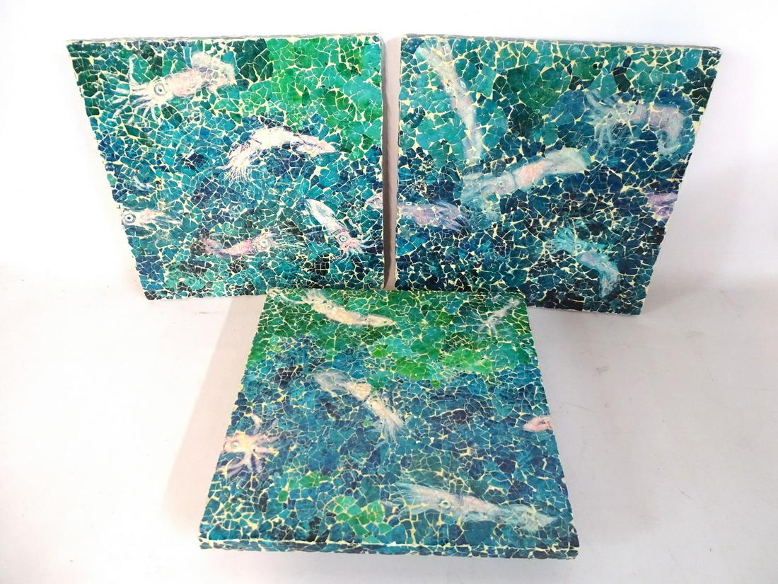 4 PAUL WIRHUN SIGNED EGGSHELL MOSAICS ON FOUND WOOD 12" X 12": 4 PAUL WIRHUN SIGNED EGGSHELL MOSAICS ON FOUND WOOD 12" X 12"