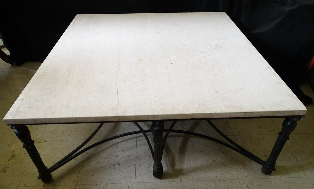 LARGE COCKTAIL TABLE, STONE TOP, IRON BASE 19" X 48" X 48" (1 of 10)