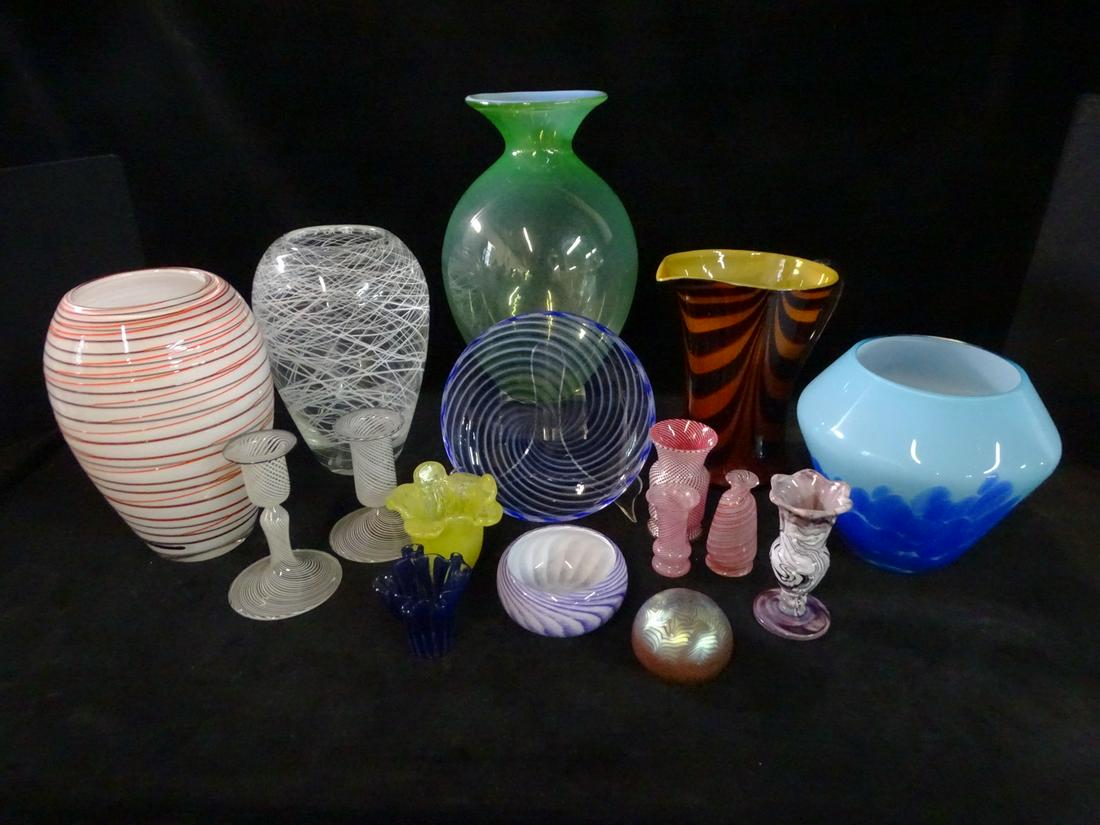 NICE LOT OF ART GLASS ITEMS INC., VASES AND CANDLESTICKS STICKS (1 of 20)